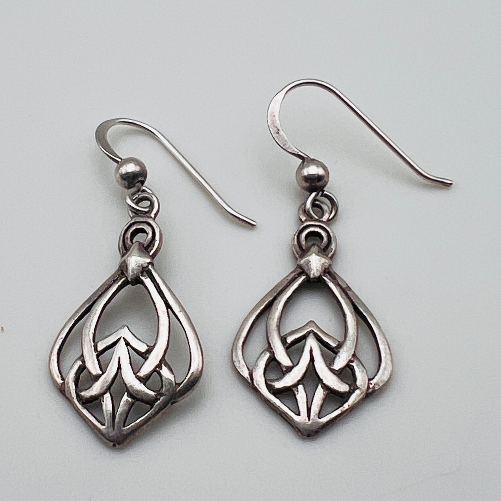 925 Sterling Silver Dangle Earrings Openwork Floral Pierced Celtic Knot Drop